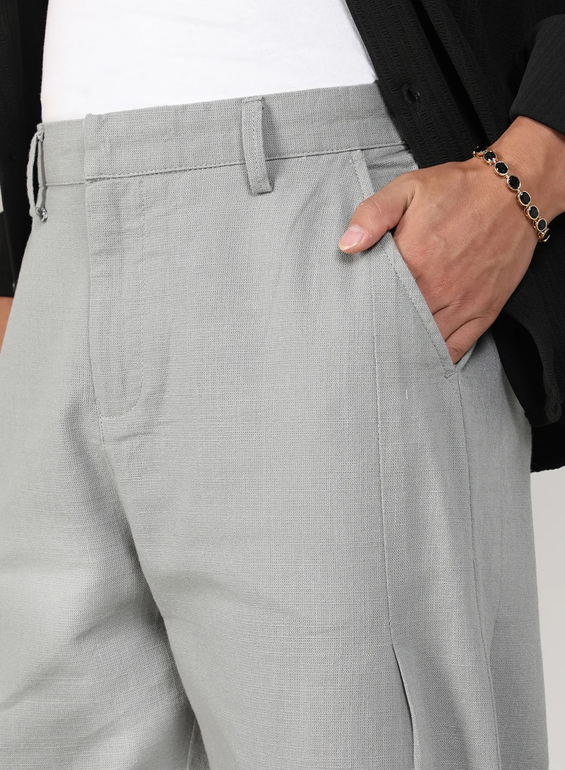CAHOOT  Men's Moon Grey  Tailored Linen-Blend Trousers For Casual Wear | Tailored Fit | 4 Pockets | Hook Closure | Trousers Crafted With Comfort Fit For Everyday Wear for Men | Best Price UAE